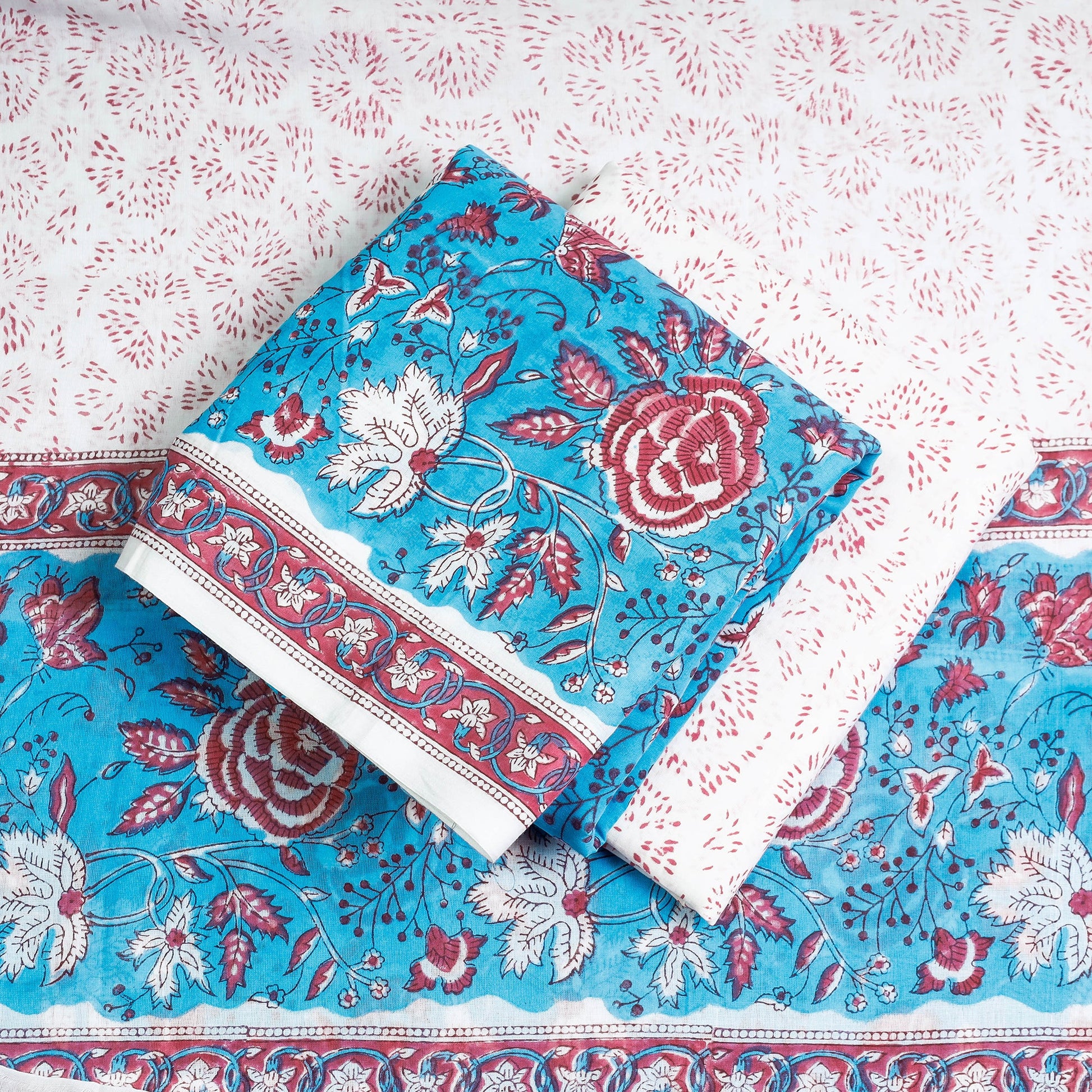 Blue - 3pc Sanganeri Block Printed Cotton Suit Material Set