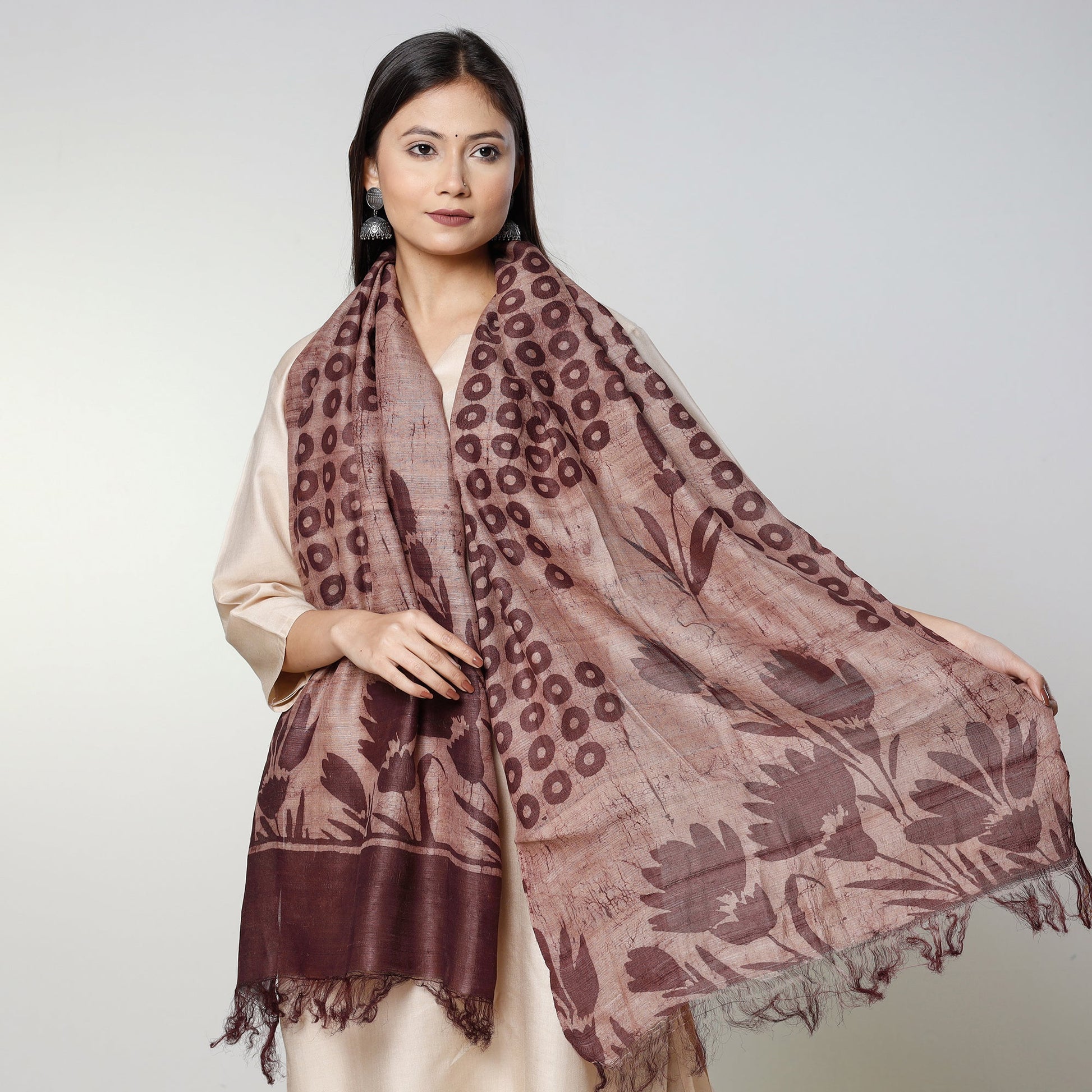 Brown - Handloom Block Art Print Tussar Silk Bindaas Stole