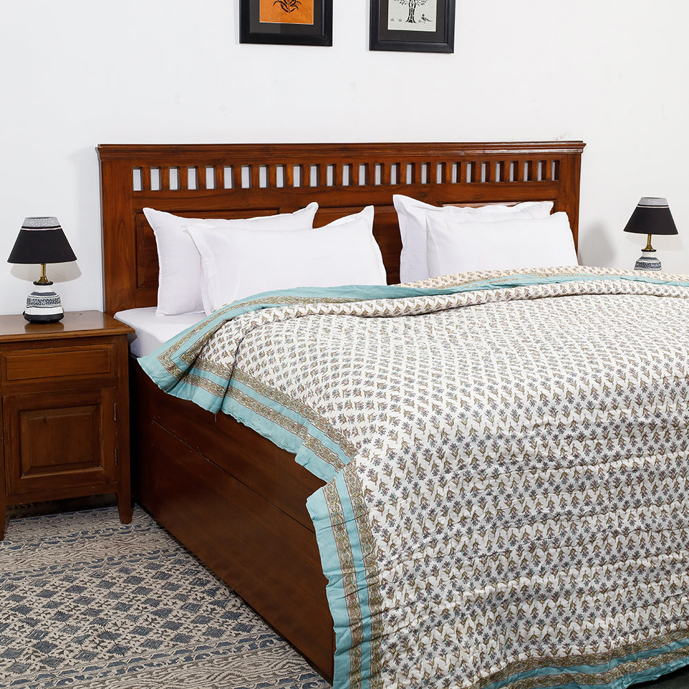 Blue - Double - Sanganeri Printed Reversible Soft Cotton Quilt / Blanket (104 x 88 in)