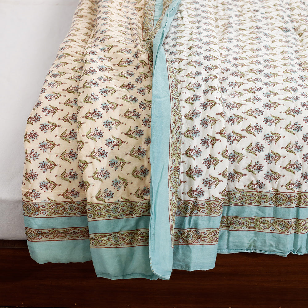 Blue - Double - Sanganeri Printed Reversible Soft Cotton Quilt / Blanket (104 x 88 in)