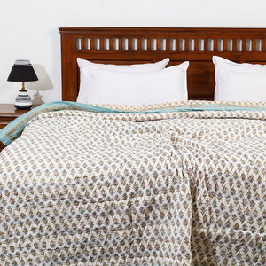 Blue - Double - Sanganeri Printed Reversible Soft Cotton Quilt / Blanket (104 x 88 in)