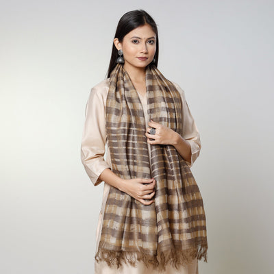 Brown - Handloom Block Art Print Tussar Silk Bindaas Stole