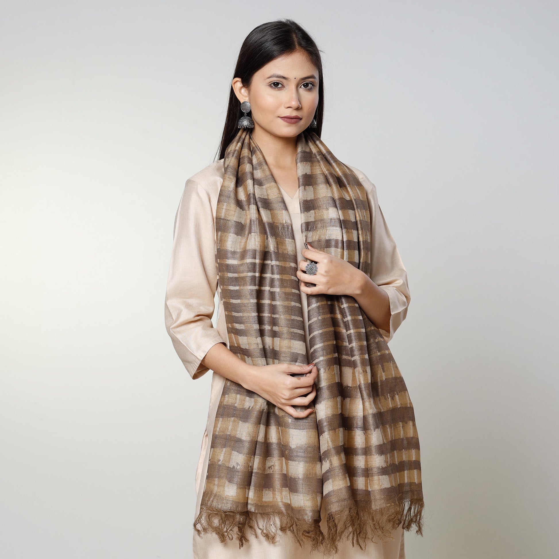 Brown - Handloom Block Art Print Tussar Silk Bindaas Stole