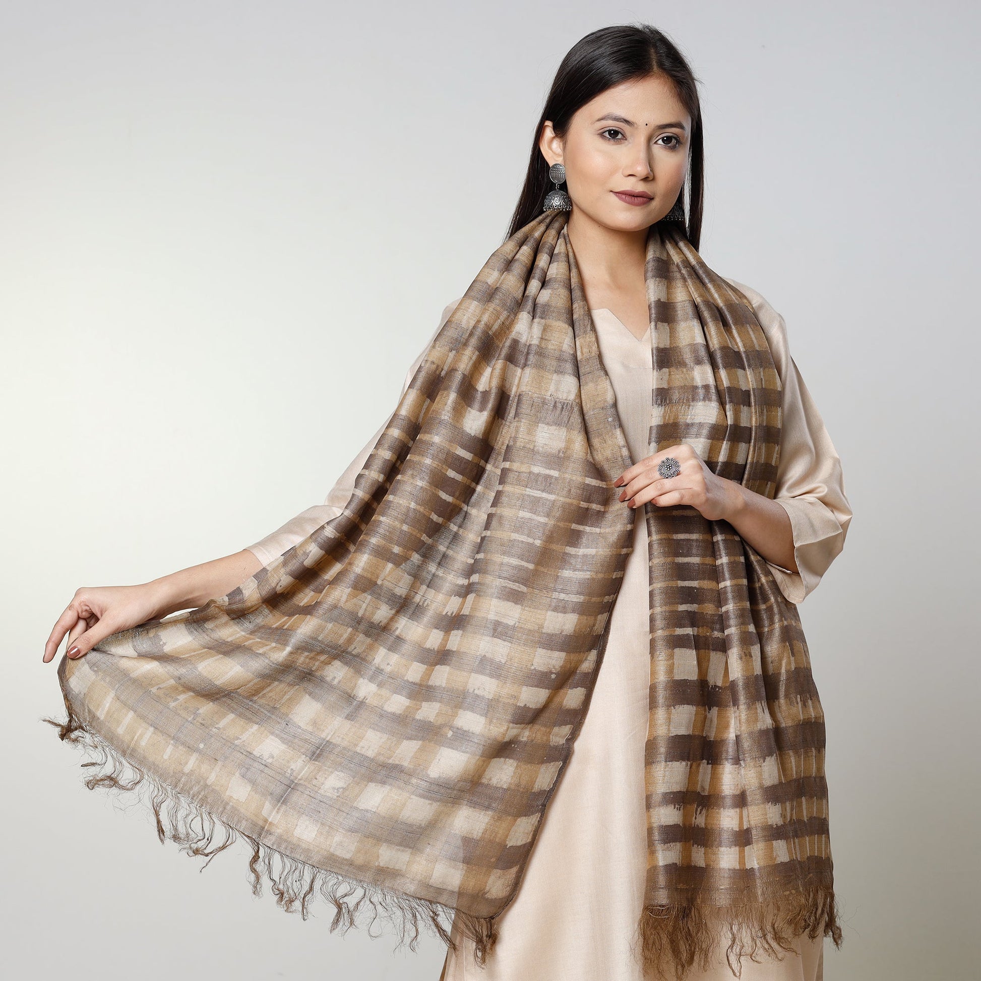 Brown - Handloom Block Art Print Tussar Silk Bindaas Stole