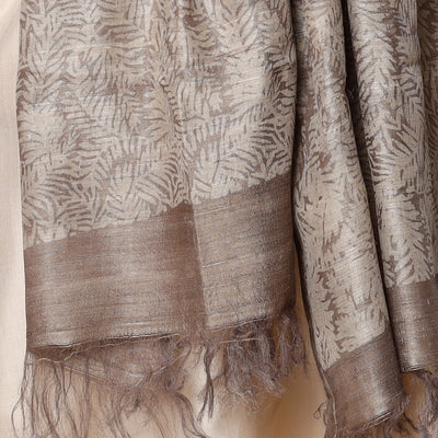 Beige - Handloom Block Art Print Tussar Silk Bindaas Stole
