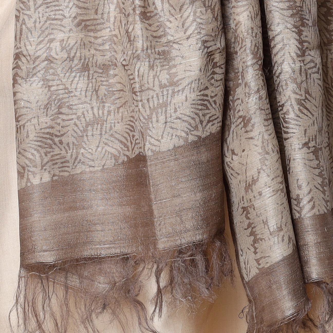 Beige - Handloom Block Art Print Tussar Silk Bindaas Stole