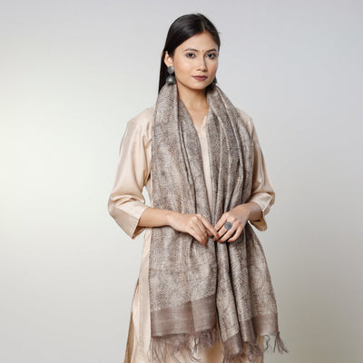 Beige - Handloom Block Art Print Tussar Silk Bindaas Stole