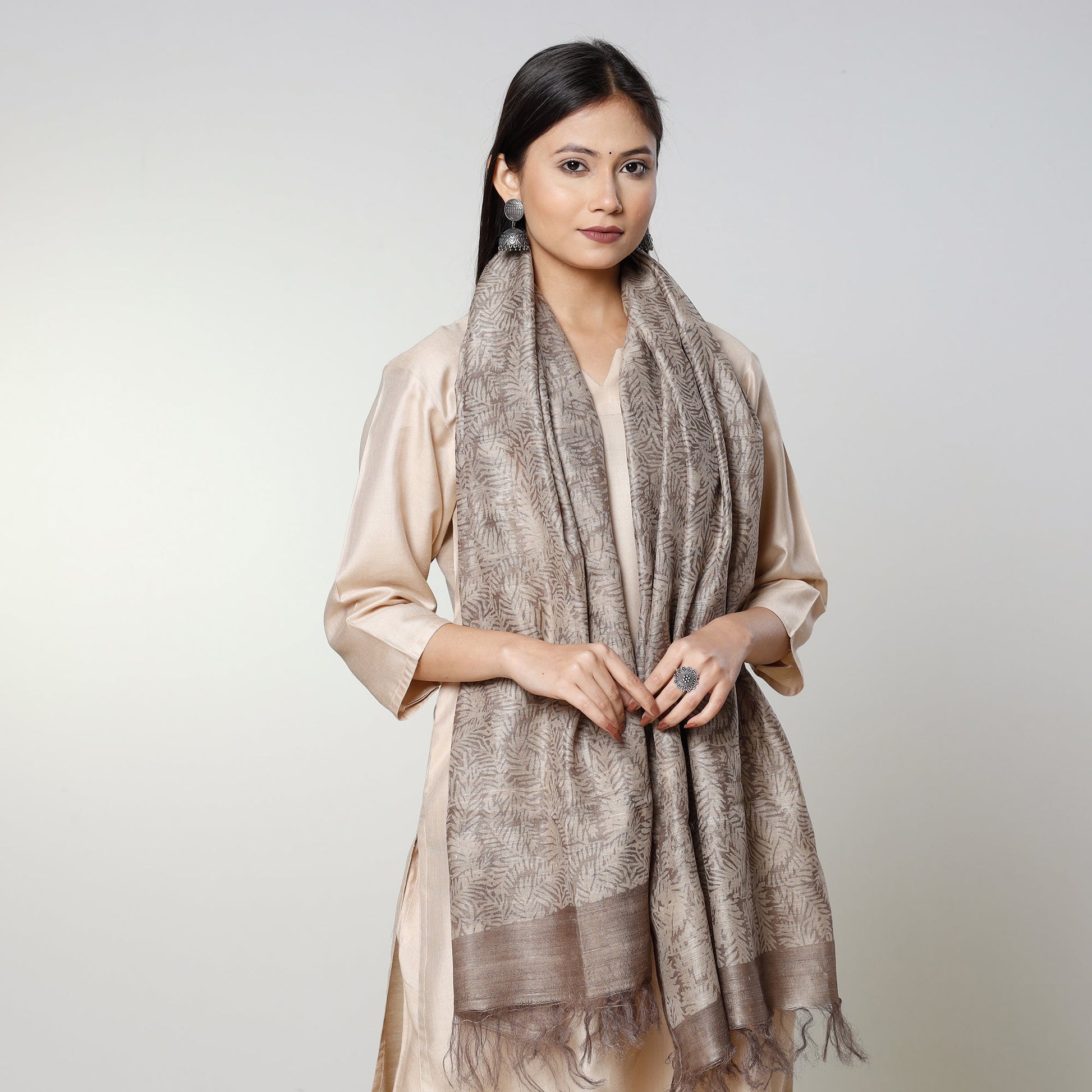 Beige - Handloom Block Art Print Tussar Silk Bindaas Stole