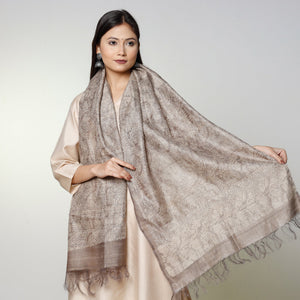 Beige - Handloom Block Art Print Tussar Silk Bindaas Stole
