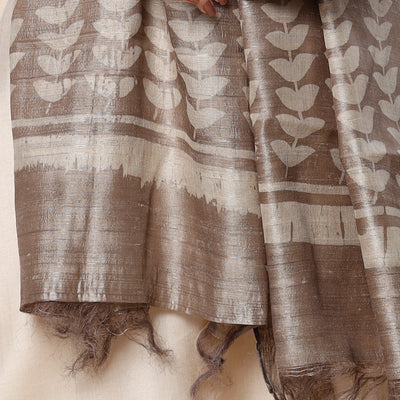 Brown - Handloom Block Art Print Tussar Silk Bindaas Stole