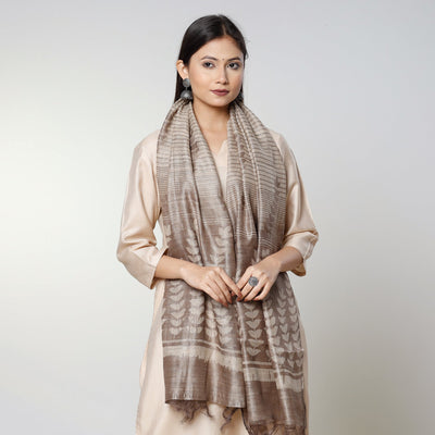 Brown - Handloom Block Art Print Tussar Silk Bindaas Stole
