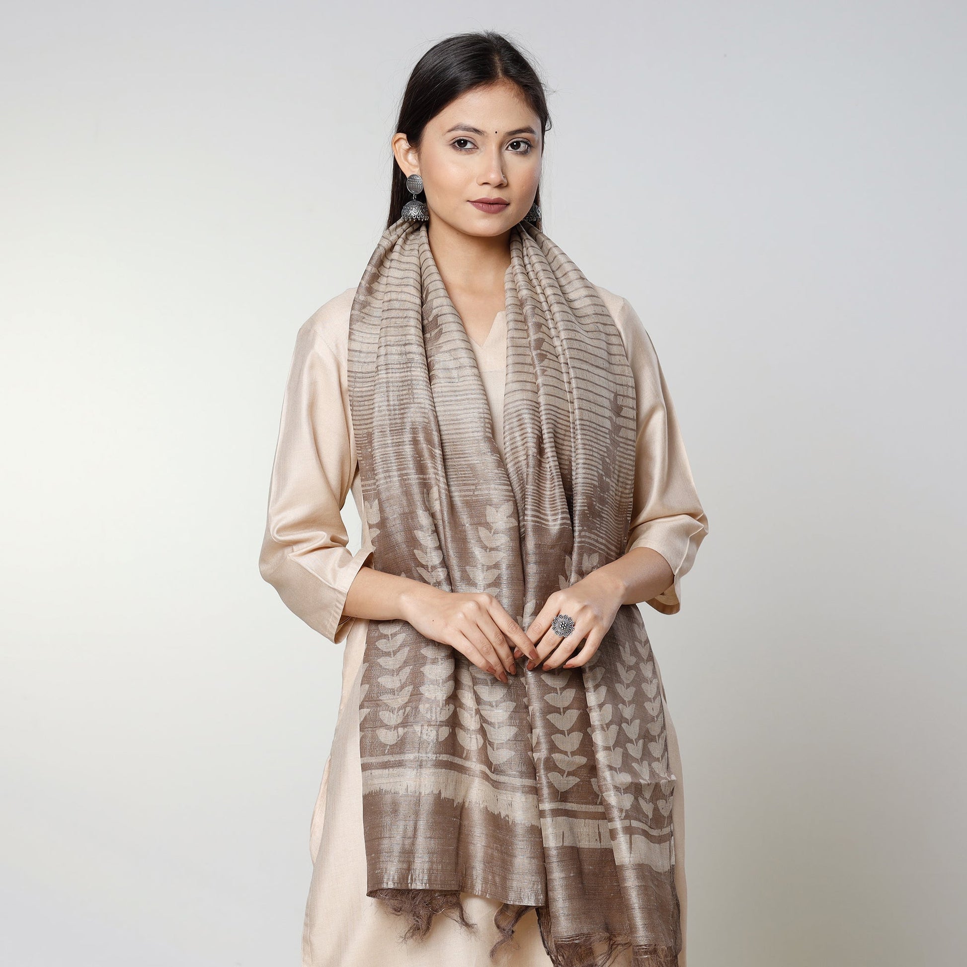 Brown - Handloom Block Art Print Tussar Silk Bindaas Stole