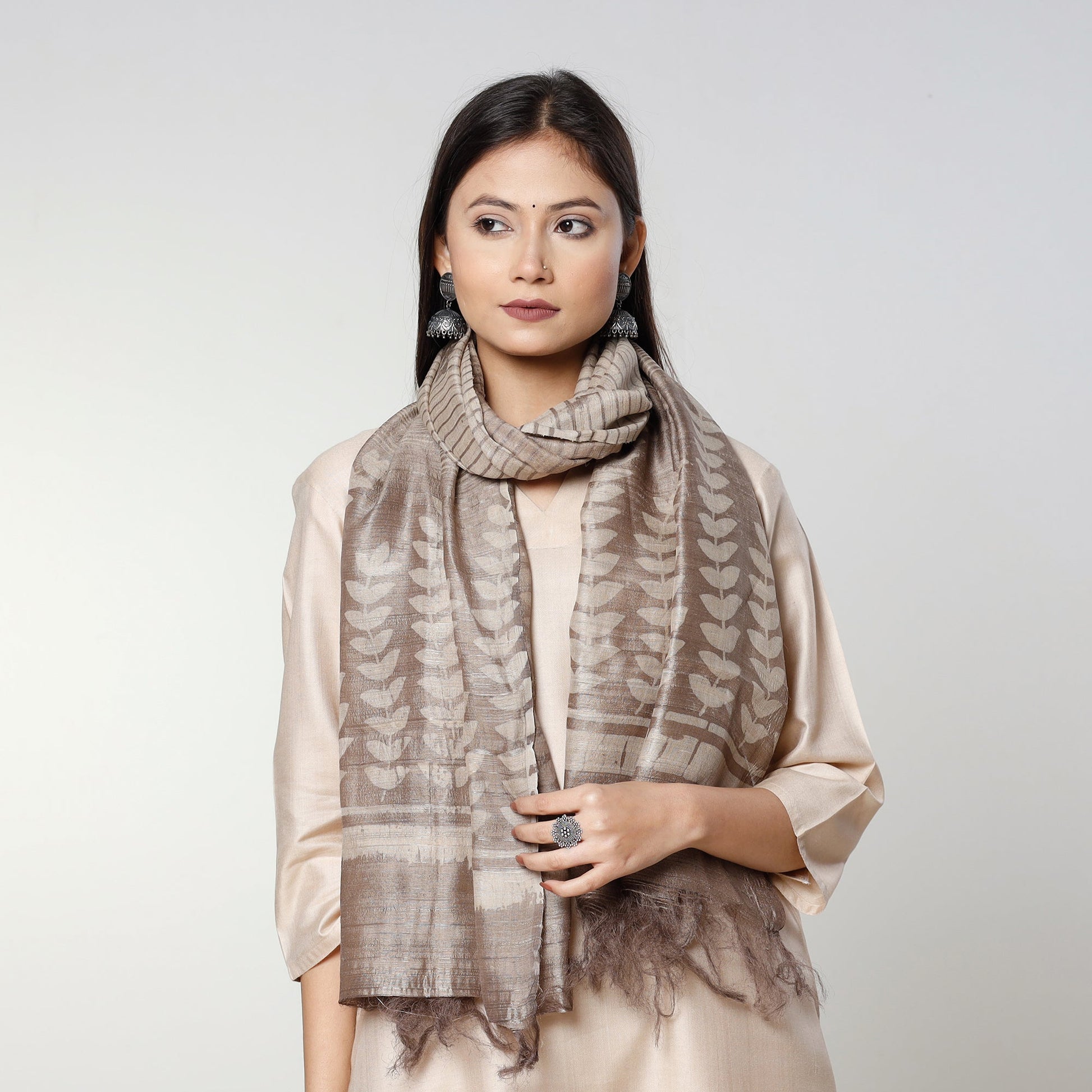 Brown - Handloom Block Art Print Tussar Silk Bindaas Stole