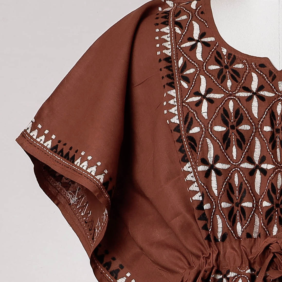 Brown - Bengal Kantha Embroidery Cotton Kaftan with Tie-Up Waist (Long)