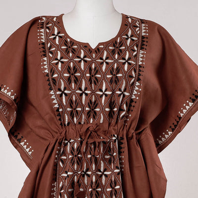 Brown - Bengal Kantha Embroidery Cotton Kaftan with Tie-Up Waist (Long)