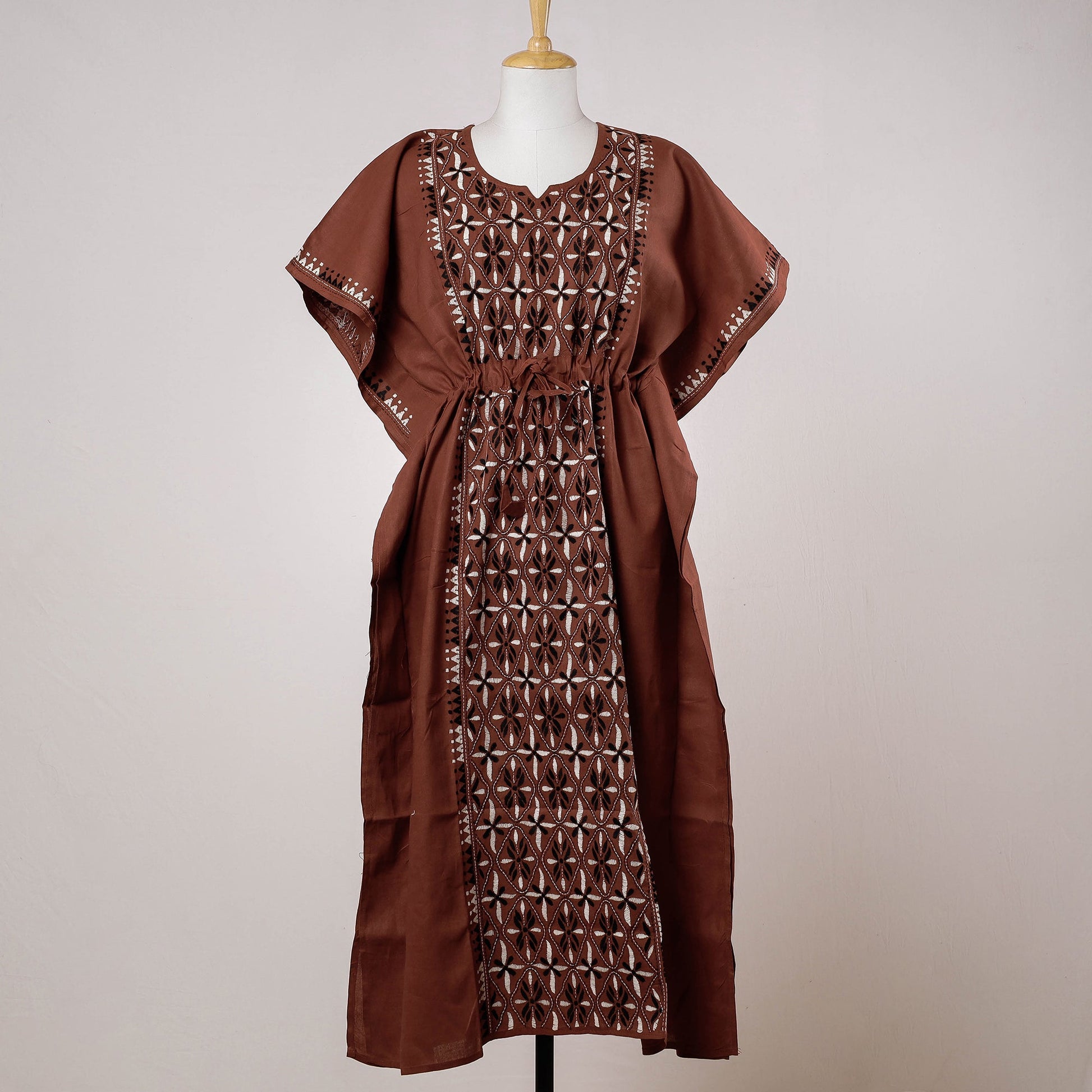Brown - Bengal Kantha Embroidery Cotton Kaftan with Tie-Up Waist (Long)