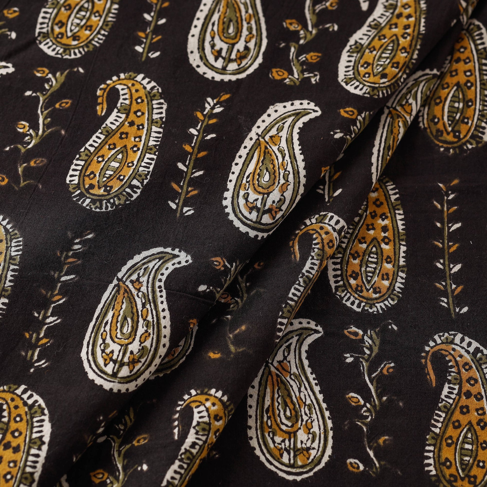 Black - Paisley Butta Bagru Block Print Cotton Fabric