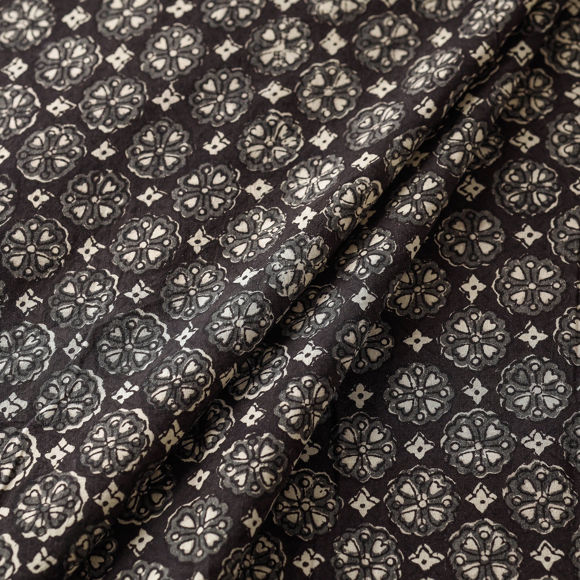Black Floral Forage Bagru Block Print Cotton Fabric