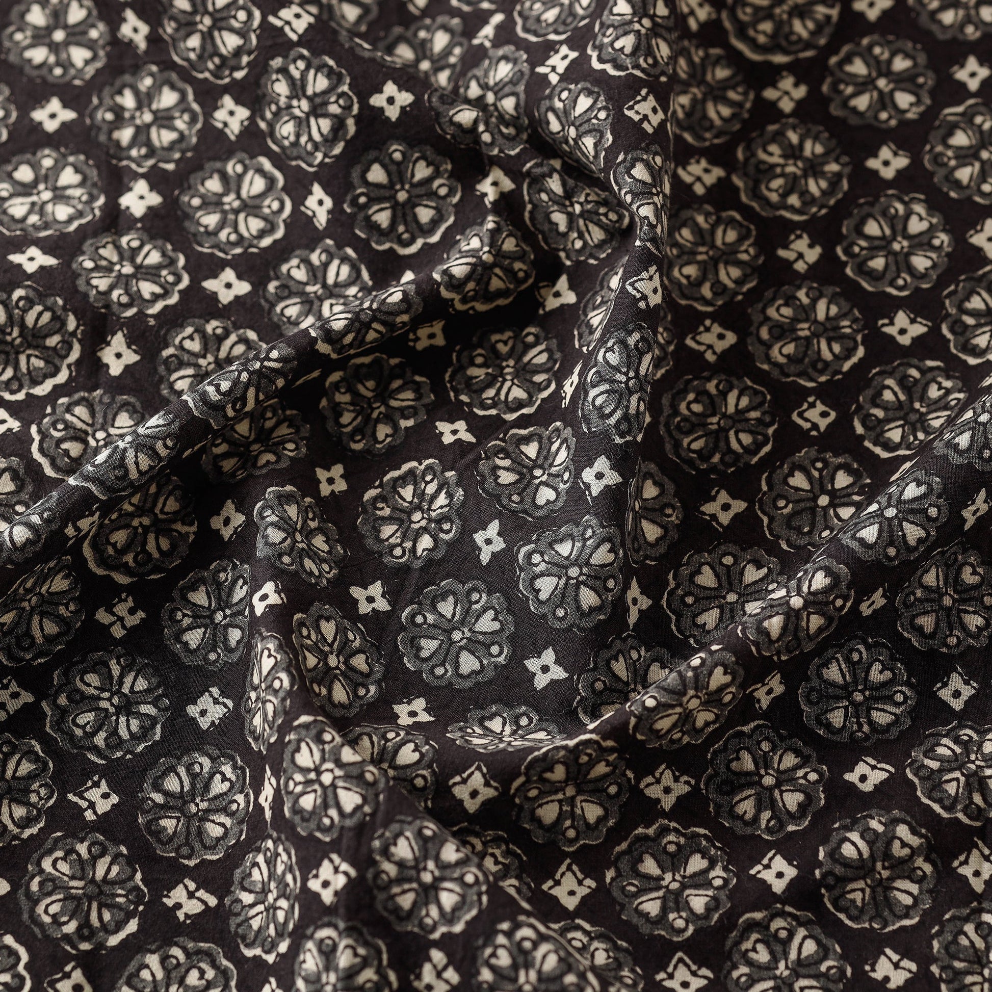 Black Floral Forage Bagru Block Print Cotton Fabric