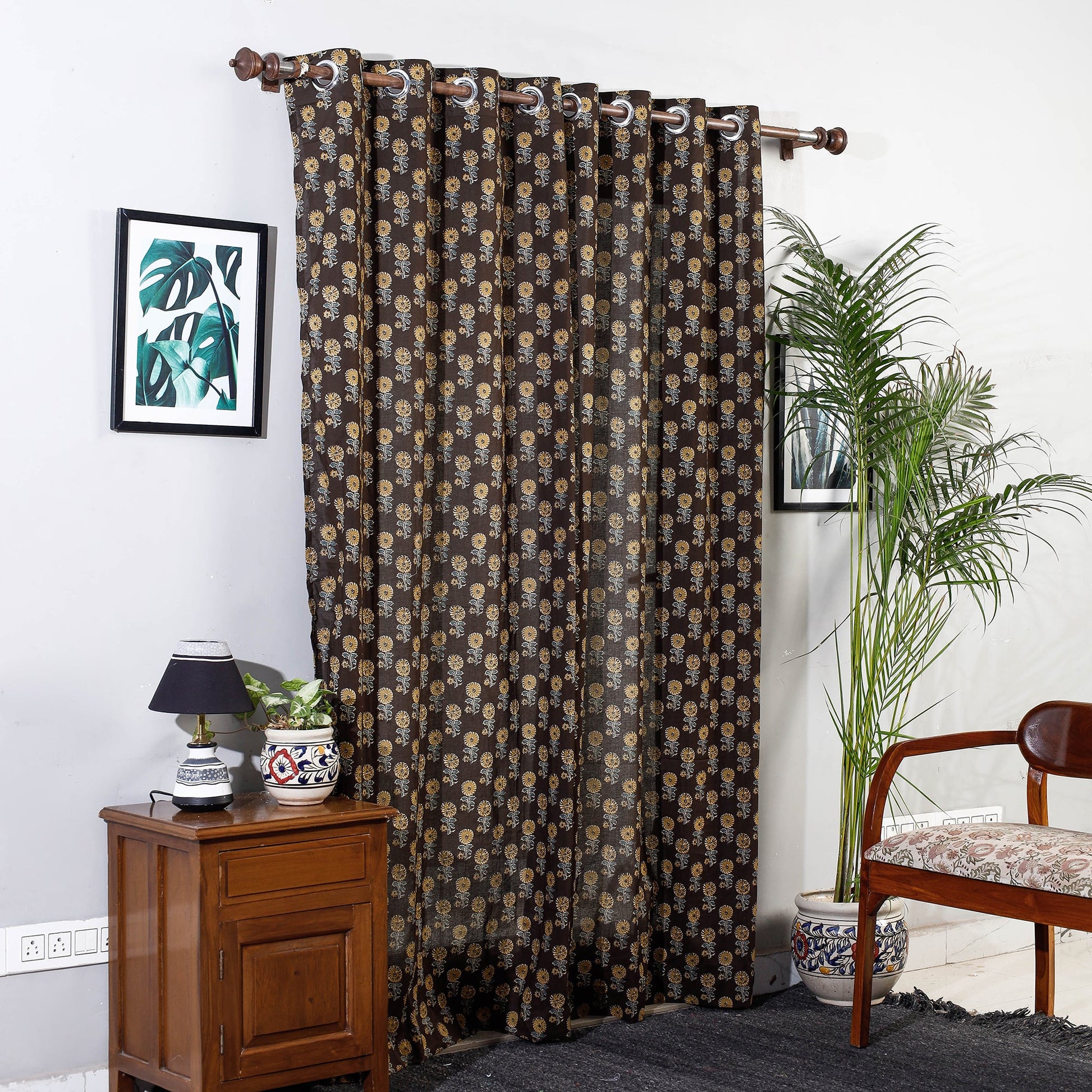 Brown - Sanganeri Block Printed Cotton Door Curtain (7 x 3 Feet) (Single Piece)