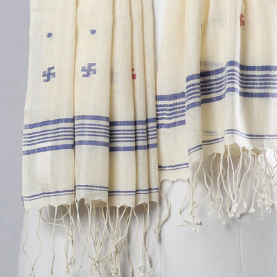 Beige - Authentic Dhakai Muslin Jamdani Handwoven Pure Cotton Stole with Tassels