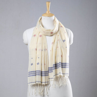 Beige - Authentic Dhakai Muslin Jamdani Handwoven Pure Cotton Stole with Tassels