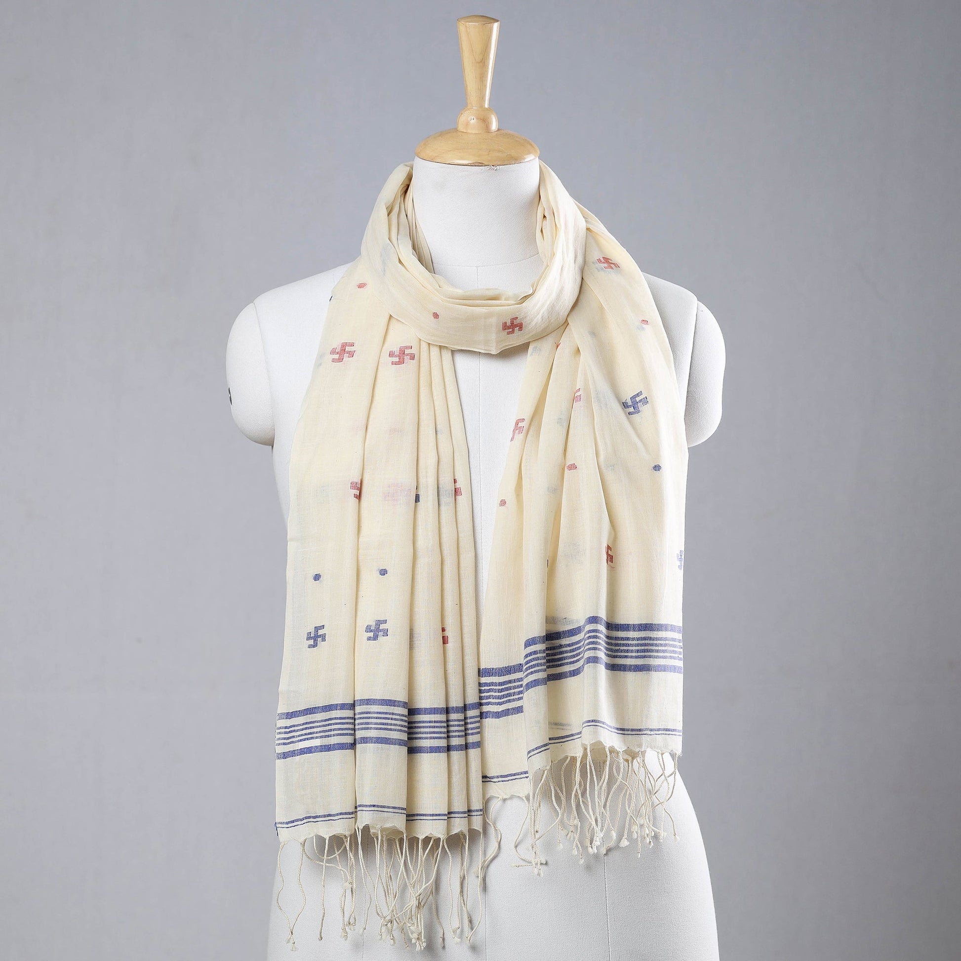 Beige - Authentic Dhakai Muslin Jamdani Handwoven Pure Cotton Stole with Tassels