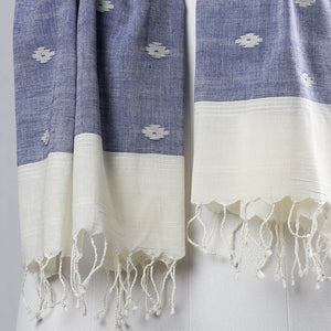 Blue - Authentic Dhakai Muslin Jamdani Handwoven Pure Cotton Stole with Tassels