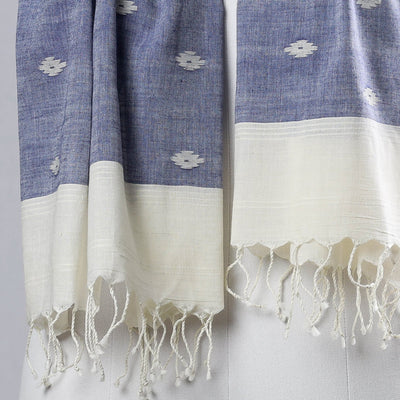 Blue - Authentic Dhakai Muslin Jamdani Handwoven Pure Cotton Stole with Tassels