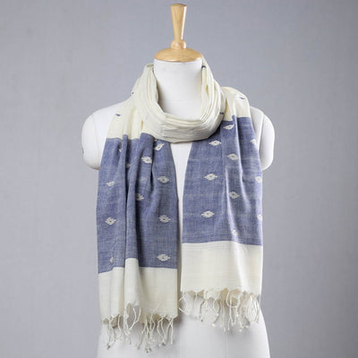 Blue - Authentic Dhakai Muslin Jamdani Handwoven Pure Cotton Stole with Tassels