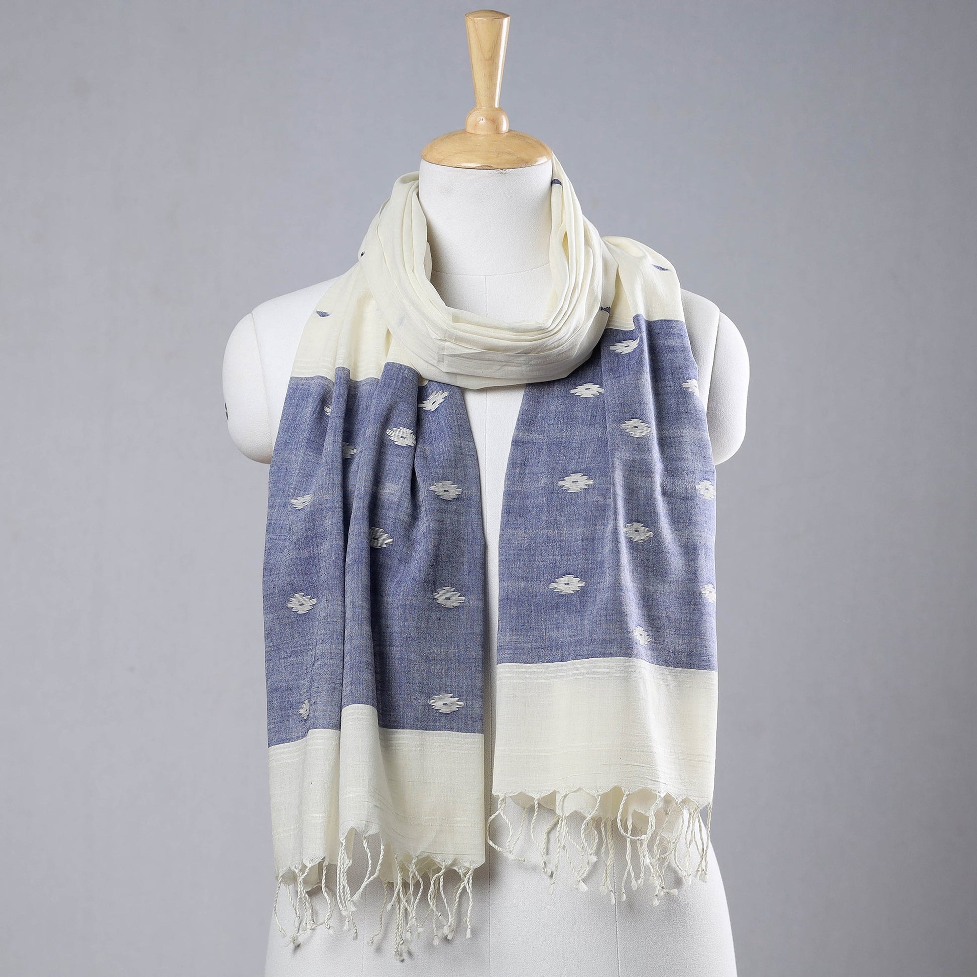 Blue - Authentic Dhakai Muslin Jamdani Handwoven Pure Cotton Stole with Tassels