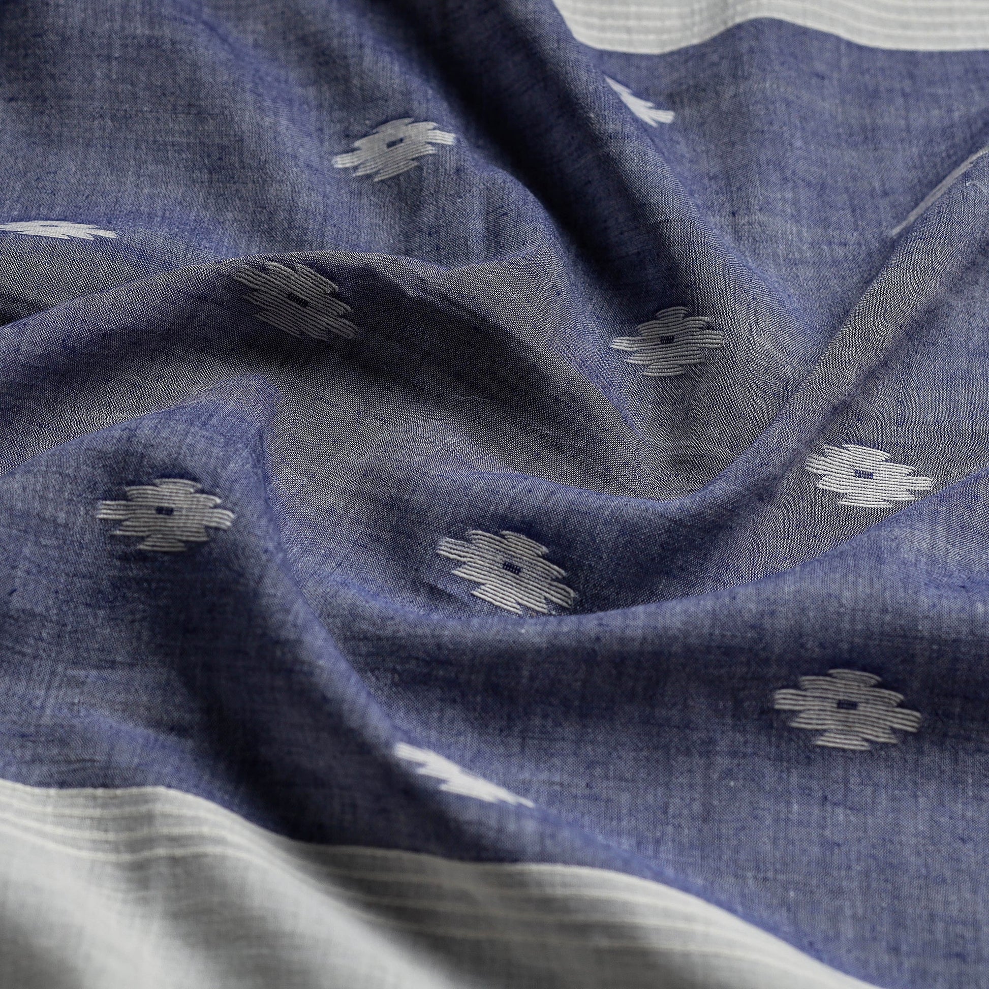 Blue - Authentic Dhakai Muslin Jamdani Handwoven Pure Cotton Stole with Tassels