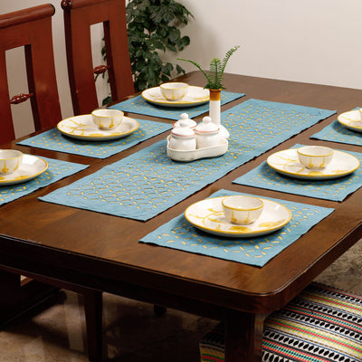 Blue - Applique Cut Work Cotton Table Runner with Table Mats (set of 6)
