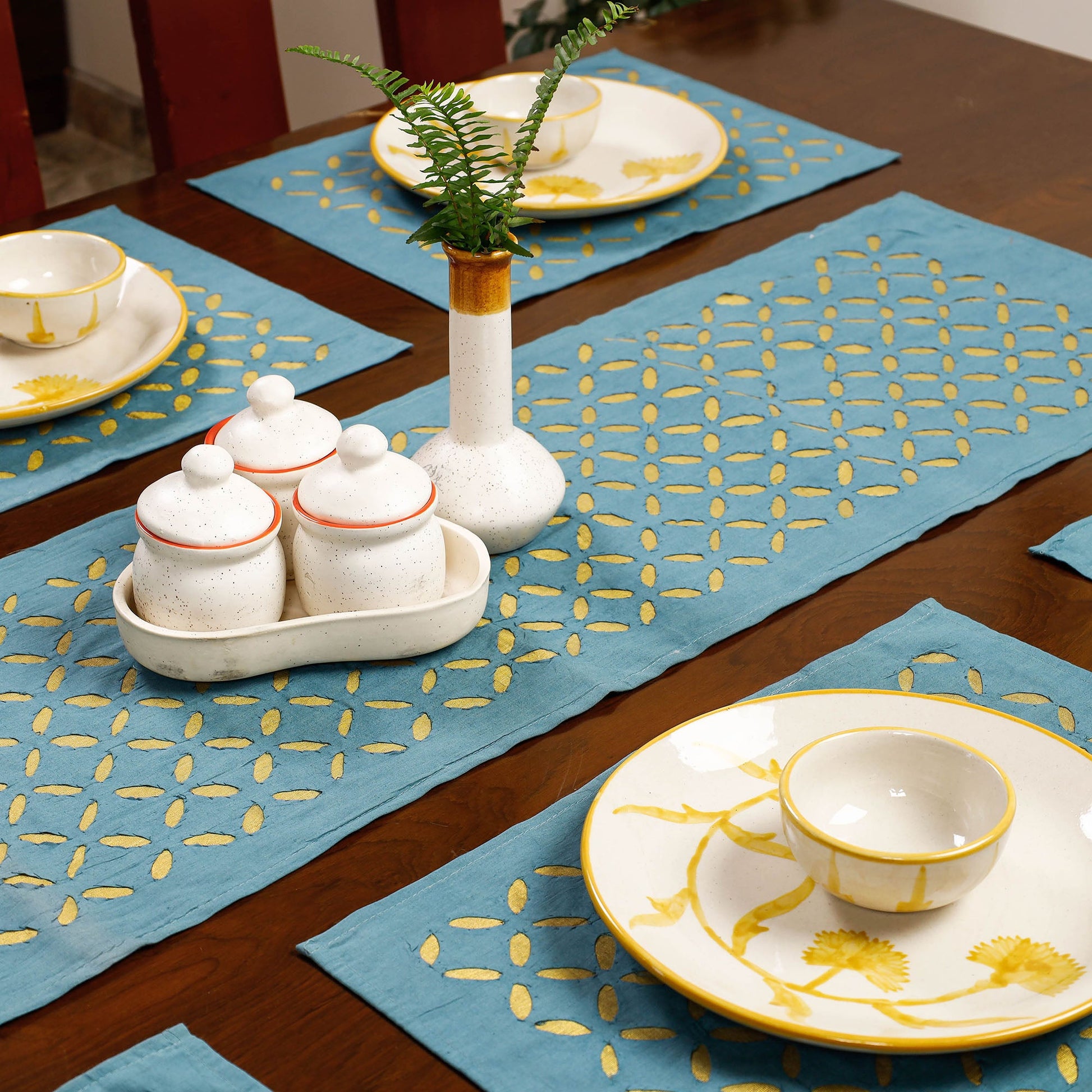 Blue - Applique Cut Work Cotton Table Runner with Table Mats (set of 6)