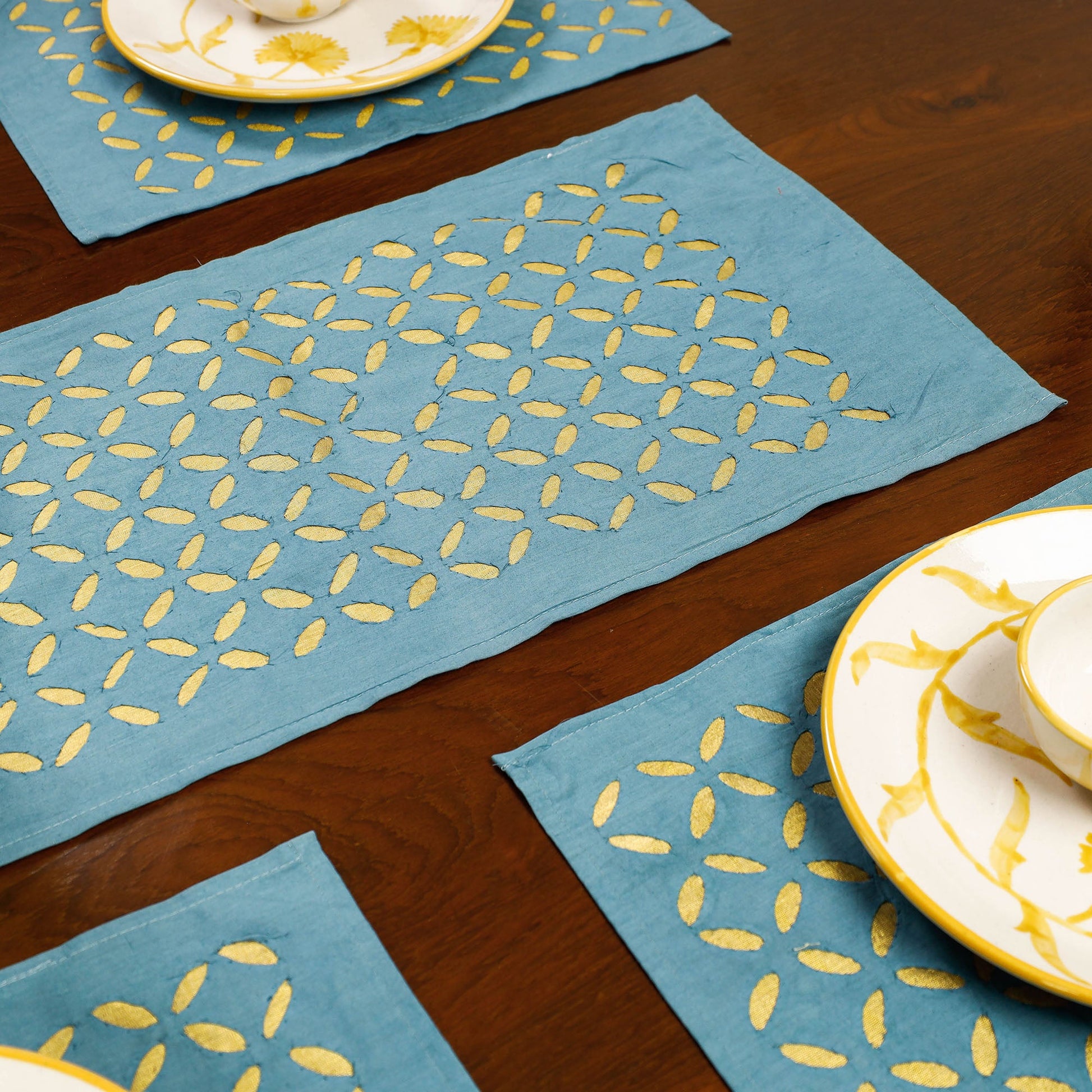 Blue - Applique Cut Work Cotton Table Runner with Table Mats (set of 6)