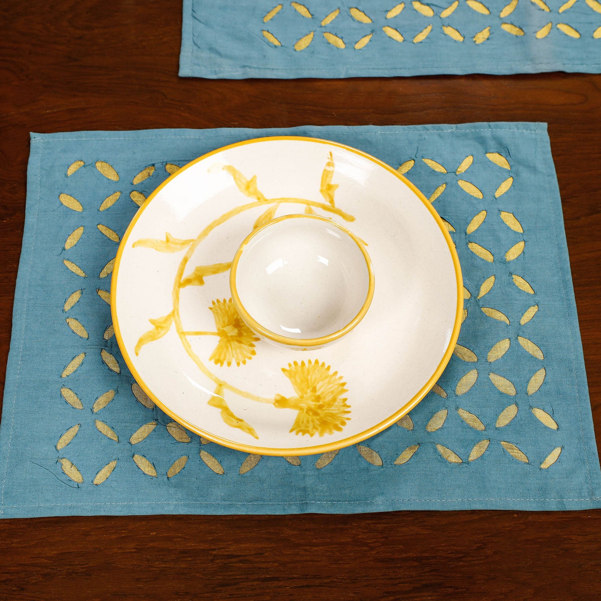 Blue - Applique Cut Work Cotton Table Runner with Table Mats (set of 6)