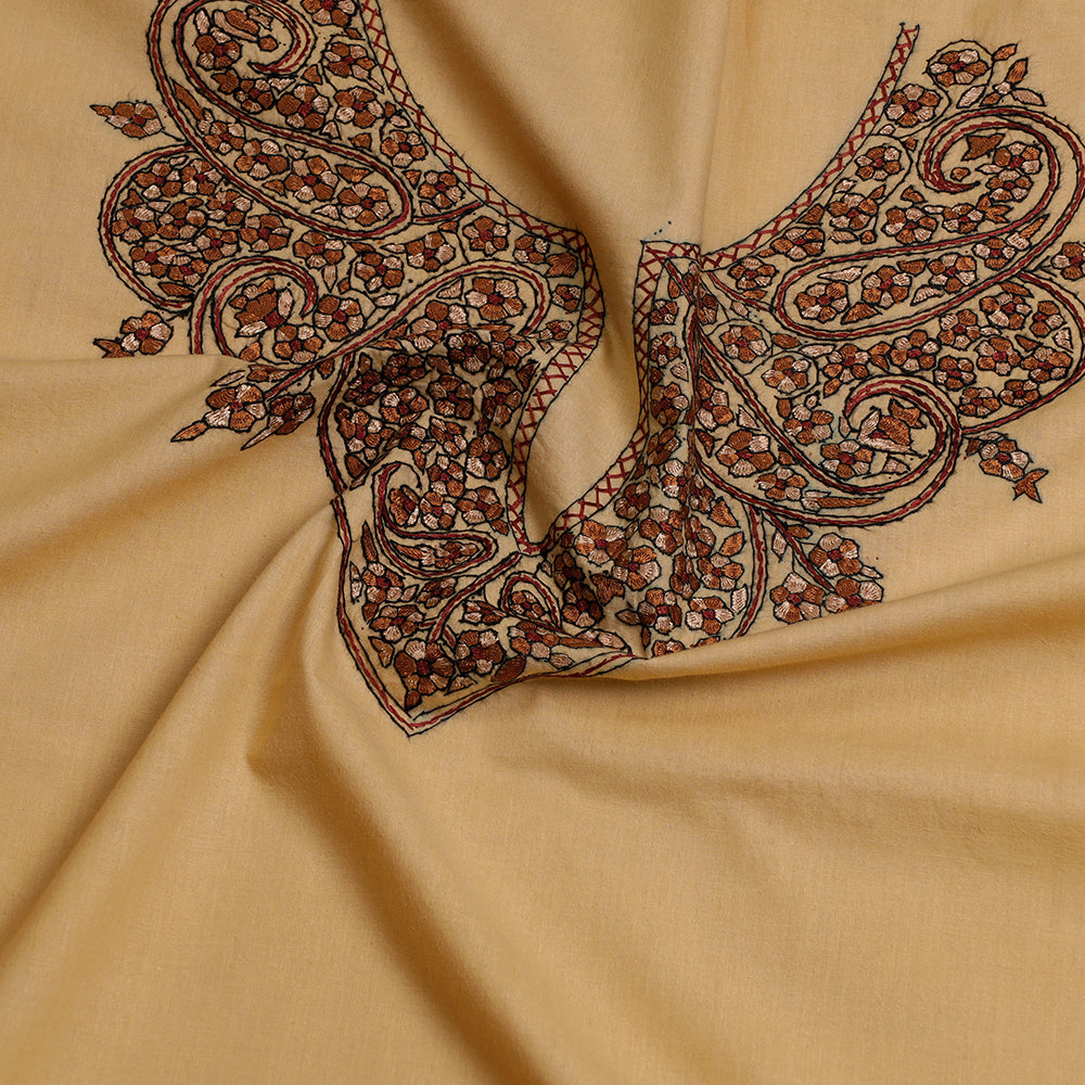 Brown - Kashida Embroidery Cotton Kurta Material by Zahoor from Kashmir - 2.65 M
