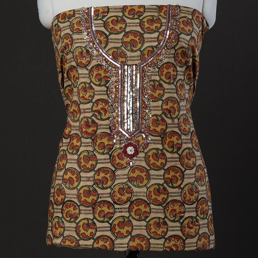 Brown - Embroidered Cotton Kalamkari Print Kurta Material (2.65m)