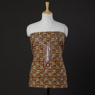 Brown - Embroidered Cotton Kalamkari Print Kurta Material (2.65m)