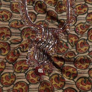 Brown - Embroidered Cotton Kalamkari Print Kurta Material (2.65m)