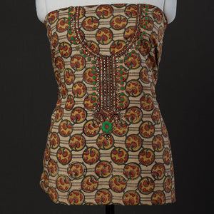 Brown - Embroidered Cotton Kalamkari Print Kurta Material (2.5m)
