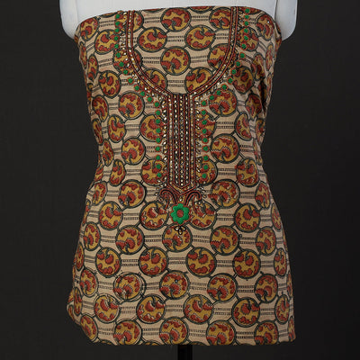 Brown - Embroidered Cotton Kalamkari Print Kurta Material (2.5m)