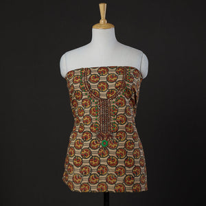 Brown - Embroidered Cotton Kalamkari Print Kurta Material (2.5m)