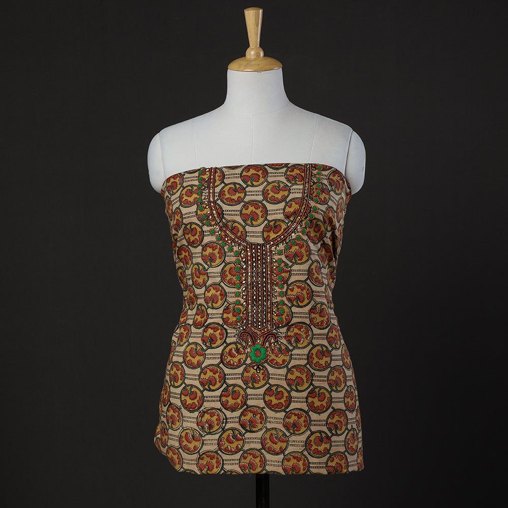 Brown - Embroidered Cotton Kalamkari Print Kurta Material (2.5m)