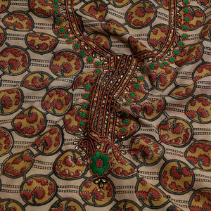 Brown - Embroidered Cotton Kalamkari Print Kurta Material (2.5m)