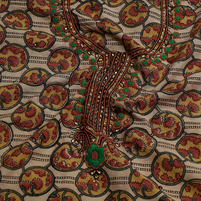 Brown - Embroidered Cotton Kalamkari Print Kurta Material (2.5m)