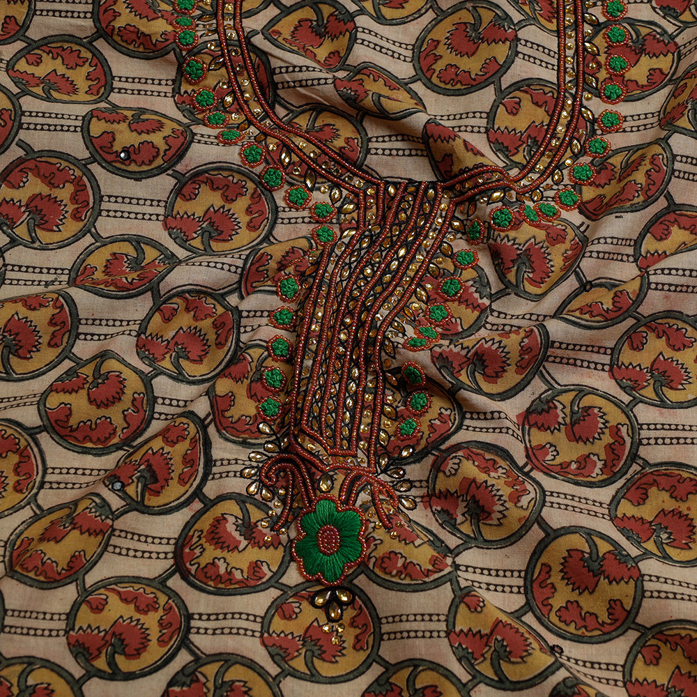 Brown - Embroidered Cotton Kalamkari Print Kurta Material (2.5m)