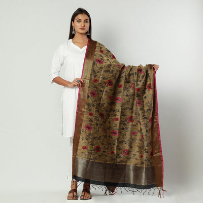 Brown - Pure Banarasi Handwoven Dupion Silk Heavy Zari Work Dupatta