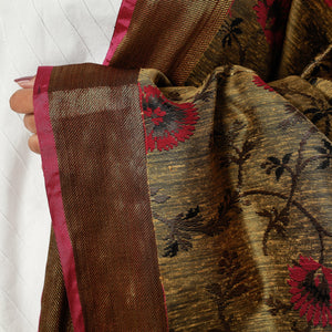 Brown - Pure Banarasi Handwoven Dupion Silk Heavy Zari Work Dupatta