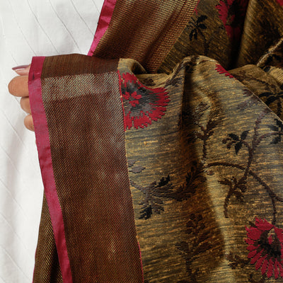 Brown - Pure Banarasi Handwoven Dupion Silk Heavy Zari Work Dupatta
